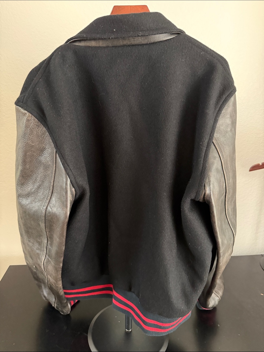 Polo Ralph Lauren Black Wool Varsity Jacket with Distressed Leather Sleeves - Picture 4 of 5